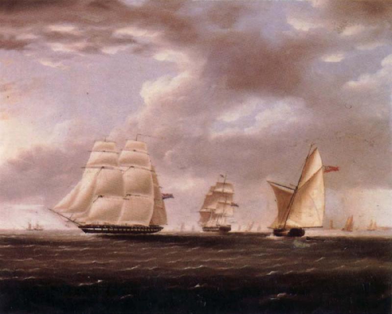 Thomas Buttersworth Two British frigates and a yawl passing off a coast Sweden oil painting art